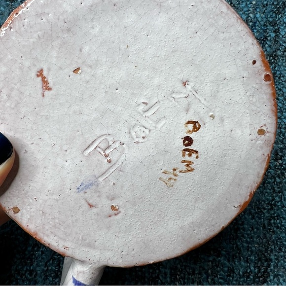 Vintage 70s Hand Painted Studio Pottery Candle Holder Finger Loop Floral Signed - Picture 11 of 13